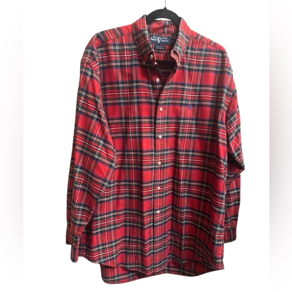 RALPH LAUREN BLUE LABEL Big Shirt Men’s MED Red Green Tartan Plaid Holiday EUC